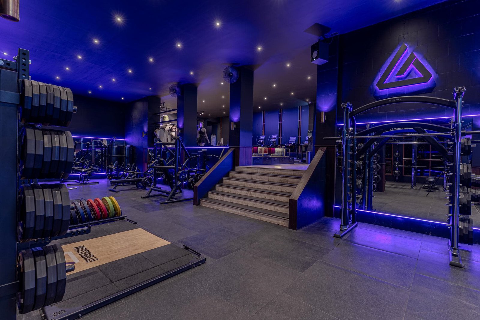 The training floor and stairs down to the main gym